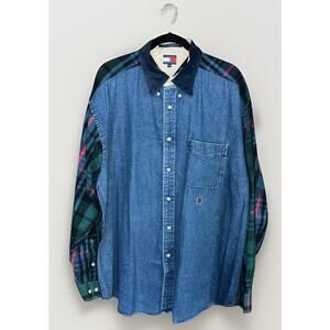 TOMMY HILFIGER Men’s Vintage Y2k Denim Plaid Split Oversized Button Down Sz Lg